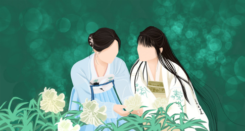 着青白色汉服的两位赏花女子.