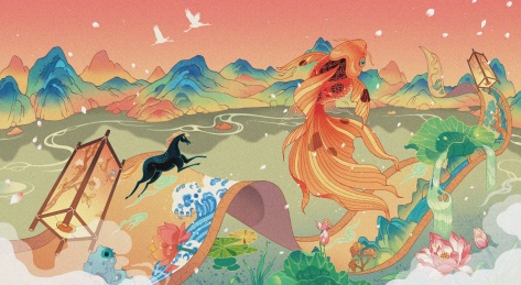 鱼在画中游玩中国风插画