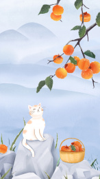 一只小花猫坐在石头上看头上的柿子