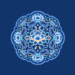 古典传统的蓝色圆形花纹装饰图案，蓝色背景