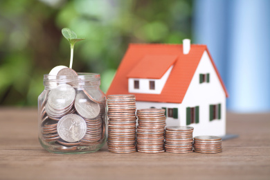 玻璃瓶里盛放的美元硬币长出嫩芽及旁边的一排硬币和一个小房子模型