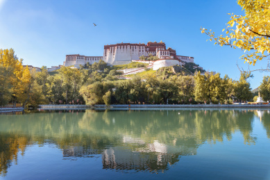 中国西藏拉萨宗角康禄公园湖面上的布达拉宫倒影