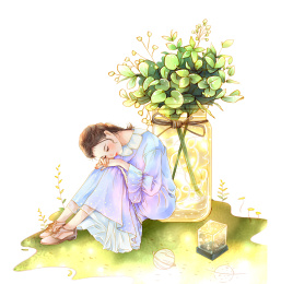 坐在发光瓶子边上的少女