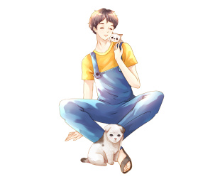 穿蓝色吊带裤的少年