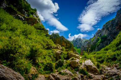 中国甘肃省碌曲县朗木寺夏季下午高山峡谷风光