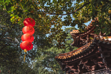 写有南海神庙字样的红灯笼与亭子顶部特写