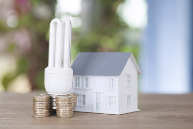 白炽灯泡放在欧元硬币上供电和一个房子模型