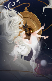 双胞胎女孩和时钟唯美插画