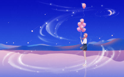 水面倒影的女孩抓着气球微笑清新插画横版
