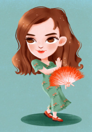 穿着合欢花裙子拿着合欢扇子跳舞的长发姑娘