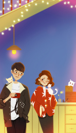 抱着猫的女孩和拿着相机的男孩情侣日常插画 