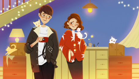 抱着猫的女孩和拿着相机的男孩情侣日常插画 