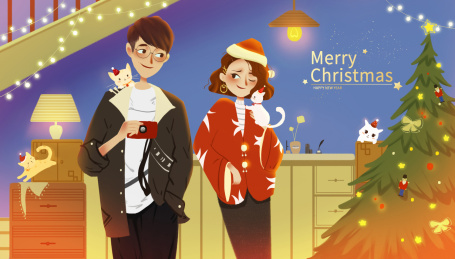 圣诞节欢乐拍照的恋人 抱着猫的女孩和拿着相机的男孩插画