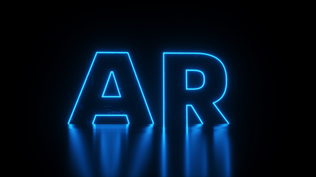 暗环境中三维渲染的蓝色发光的AR文字