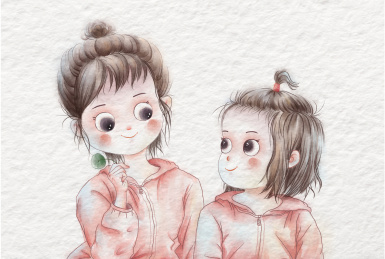 手绘插画原创姐姐妹妹日常可爱玩耍