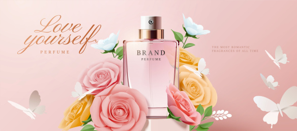 优雅香水广告与纸玫瑰装饰