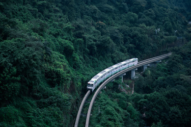 中国重庆轻轨2号线的列车穿越森林