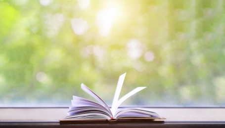 午后树荫下美丽的窗户边放着一本翻开的图书书籍书本放松休息养眼阅读概念