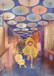 下雨天橘猫和男孩的日常系列插画