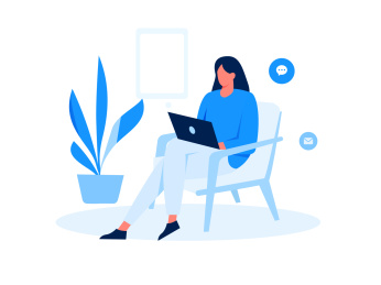 在客厅里上网完成工作的女士，扁平矢量人物场景创意概念插画