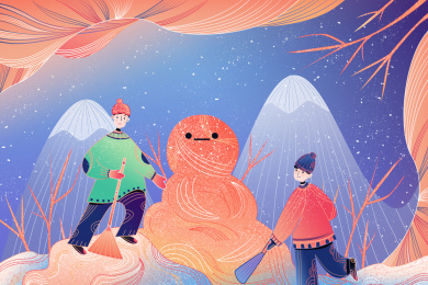 两男孩下雪天堆雪人新媒体海报插画