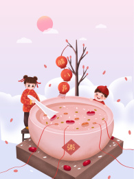 卡通红色衣服男孩女孩手中拿着白色汤匙在灯笼旁搅拌腊八粥