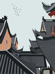 中式建筑矢量插画手绘设计