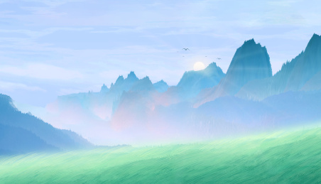 早晨太阳从山的天边升起，绿色的山坡上野草随风飘动插画背景