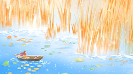 少女划着船看秋天巨大的发黄的水草，小清新风格的秋天水边插画