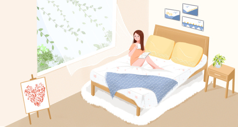 手绘插画 坐在床上看窗外的长发少女