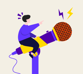 坐在话筒上指着前方的男人