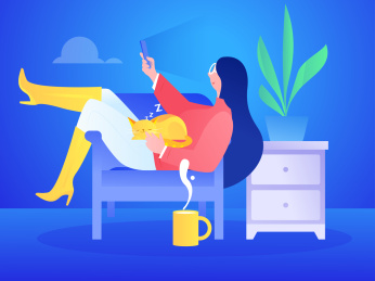 客厅玩手机的女生，扁平矢量人物场景创意概念插画