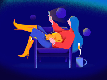 客厅玩手机的女生，扁平人物场景创意概念插画