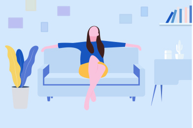随意的女性舒适地坐在家里的沙发上扁平矢量插画