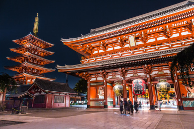 日本东京浅草寺内的五重塔和宝藏门夜景