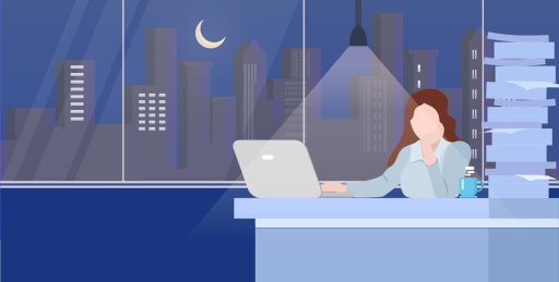 夜晚一位白领女性在办公室里加班认真辛苦地工作插画