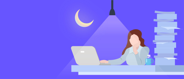 夜晚一位白领女性在办公室里加班认真辛苦地工作插画