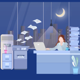 夜晚一位白领女性在办公室里加班认真工作矢量插画