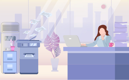 白天一位白领女性在办公室里加班认真工作矢量插画