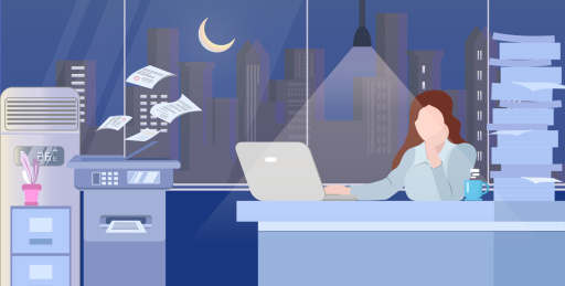 夜晚一位白领女性在办公室里加班认真工作矢量插画