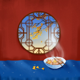 晚秋银杏红色墙壁下深蓝桌布上的藕汤