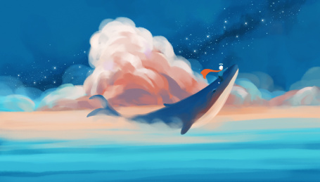 浪漫星空下骑着鲸鱼的男孩治愈系插画横版