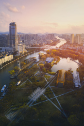 中国广东中山西区岐江公园日落全景