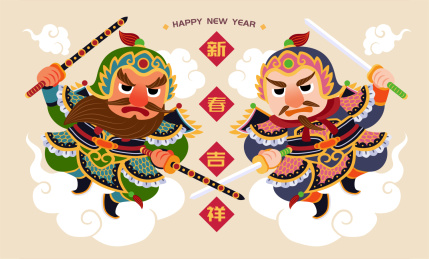 新春吉祥可爱门神扁平插图