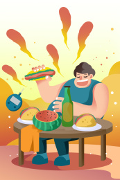 卡通手绘胖子暴饮暴食垃圾食品血糖世界糖尿病日插画