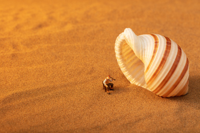 一个人坐在沙滩上听海螺里传出海的声音