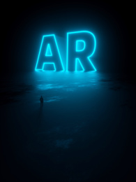 黑暗环境中一个人望着蓝色发光的AR科幻文字三维渲染场景