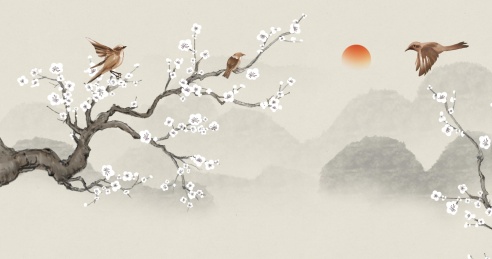 手绘中国风鸟语花香水墨意境山水画 