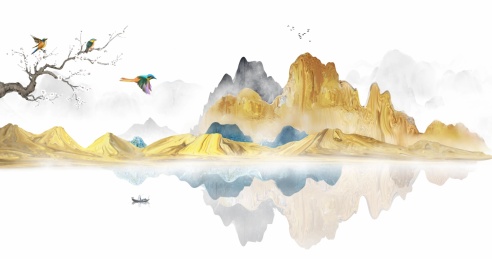 新中式鸟语花香金色山水画  