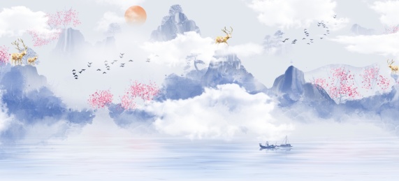 中国风唯美蓝色意境水墨山水画  